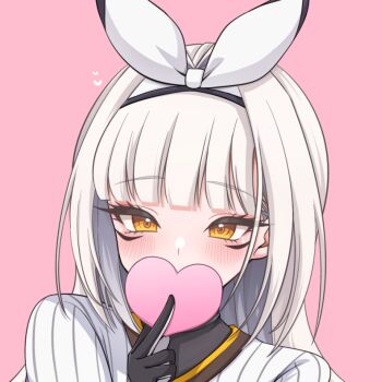 Rule 34 | 1girl, baseball uniform, between fingers, black gloves, blanc (nikke), blanc (no. 77 batter) (nikke), blush, chiji komari, commentary request, covered mouth, gloves, goddess of victory: nikke, grey hair, hair intakes, hair ribbon, hairband, hand up, heart, holding, long hair, looking at viewer, orange eyes, pink background, ribbon, shirt, simple background, solo, sportswear, striped clothes, striped shirt, upper body, vertical-striped clothes, vertical-striped shirt, white hairband, white ribbon, white shirt