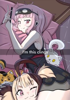 2girls absurdres ahoge between_thighs black_nightgown blush cat cellphone ghost_cat_(mori_calliope) gigi_murin head_between_thighs head_on_pillow highres holding holding_phone hololive hololive_english i&#039;m_this_clingy_(meme) long_hair lying meme mori_calliope mori_calliope_(sleepwear) multiple_girls nightgown official_alternate_costume phone pillow pink_eyes pink_hair red_eyes screen_light shadowsky_exe smartphone smile tutu_(mori_calliope) virtual_youtuber yuri