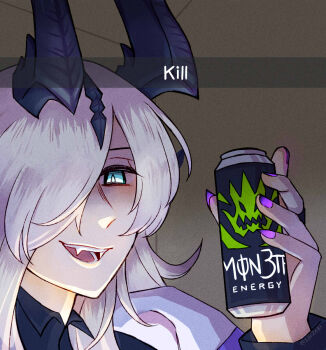 1girl aqua_eyes arknights artist_name black_shirt bright_pupils brown_background can caption ceiling close-up collared_shirt commentary dim_lighting dragon_girl dragon_horns drink necrass_(arknights) energy_drink english_commentary english_text evil_grin evil_smile fangs film_grain fingernails from_below grey_hair grin hair_ornament hair_over_one_eye hand_up hatching_(texture) high_collar highres holding holding_can holding_drink horns indoors jacket jewelry light_blush linear_hatching long_fingernails long_hair long_sleeves looking_at_viewer looking_down meme monster_energy nail_polish off_shoulder one_eye_covered open_mouth pale_skin parted_bangs portrait purple_nails ring shade shaded_face shadow sharp_fingernails shirt sidelocks sihzari smile snapchat_kill_guy_(meme) solo teeth tongue twitter_username wall white_jacket white_pupils wing_collar