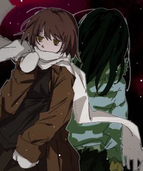 Rule 34 | 2girls, apron, asya shubina, back-to-back, black apron, black hair, brown coat, brown hair, coat, highres, ira grachevskaya, long hair, medium hair, migimiya yoru, mittens, multiple girls, scarf, school uniform, soviet school uniform, white mittens, white scarf, z.a.t.o. // i love the world and everything in it