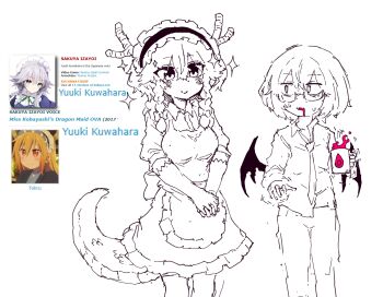 Rule 34 | 2girls, alternate costume, apron, bat wings, bespectacled, blush, braid, closed mouth, collared shirt, commentary, cosplay, cup, dragon girl, dragon horns, dragon tail, dress, english commentary, frilled dress, frills, glasses, gloves, greyscale, highres, holding, holding cup, horns, interlocked fingers, izayoi sakuya, kemonomimi mode, kobayashi-san chi no maidragon, kobayashi (maidragon), kobayashi (maidragon) (cosplay), long sleeves, maid, monochrome, multiple girls, necktie, no headwear, own hands together, pants, rampa93, remilia scarlet, shirt, short hair, sketch, smile, sparkle, spot color, sweat, tail, tohru (maidragon), tohru (maidragon) (cosplay), touhou, touhou spell carnival, twin braids, voice actor connection, waist apron, wings