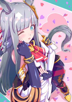 1girl animal_ears bare_shoulders black_thighhighs blue_eyes blunt_bangs blush boots breasts chrono_genesis_(prismatic_curator)_(umamusume) chrono_genesis_(umamusume) detached_sleeves dress elbow_gloves fingerless_gloves gloves grey_hair hair_between_eyes hair_ornament heart highres horse_ears horse_girl horse_tail kan_lee long_hair looking_at_viewer one_eye_closed open_mouth small_breasts solo tail thighhighs umamusume