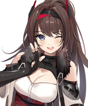 1girl aether_gazer bare_shoulders black_gloves blue_eyes blush braid breasts brown_hair cleavage_cutout clothing_cutout commentary detached_sleeves english_commentary eyes_visible_through_hair fingerless_gloves fur_trim gloves hand_up headgear highres long_hair looking_at_viewer medium_breasts one_eye_closed open_mouth ry_thae side_braid simple_background smile solo teeth upper_body upper_teeth_only verthandi_(aether_gazer) w white_background