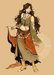 Rule 34 | 1girl, absurdres, bare shoulders, boots, bracelet, brown background, brown hair, curly hair, earrings, full body, highres, jewelry, long hair, looking to the side, midriff, nanasuen2650, navel, necklace, original, parted lips, red sarong, sarong, simple background, solo