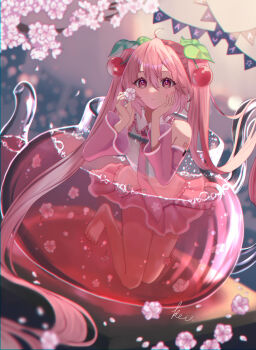 Rule 34 | 1girl, arm tattoo, cherry blossom print, cherry hair ornament, collared shirt, commentary request, cup, fingernails, floral print, flower, food-themed hair ornament, hair between eyes, hair ornament, hatsune miku, highres, holding, holding cup, long hair, long sleeves, looking at viewer, nagase kei, nail polish, necktie, number tattoo, petals, pink eyes, pink flower, pink hair, pink nails, pink necktie, pink petals, pink skirt, pink sleeves, sakura miku, shirt, skirt, sleeveless, sleeveless shirt, solo, tattoo, teapot, twintails, very long hair, vocaloid, wide sleeves