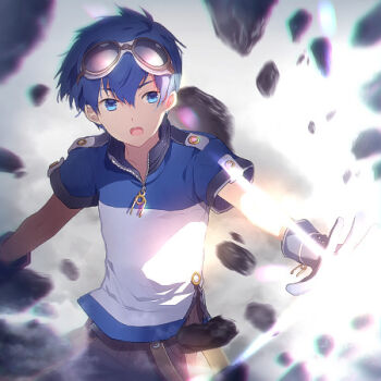 Rule 34 | 1boy, blue eyes, blue hair, gloves, goggles, goggles on head, hoshi wo miru hito, lowres, male focus, minami (hoshi wo miru hito), open mouth, romancing stella visor, short hair, solo, sunakumo