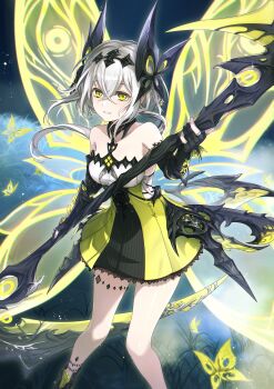 1girl absurdres animal bare_shoulders black_boots black_gloves boots breasts bug butterfly butterfly_wings chinese_commentary collarbone commentary_request dress duet_night_abyss feet_out_of_frame gloves green_dress green_eyes grey_hair hair_between_eyes highres holding insect insect_wings leafwow long_hair looking_at_viewer medium_breasts partially_fingerless_gloves psyche_(duet_night_abyss) smile solo standing very_long_hair wings yellow_wings