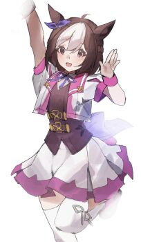 1girl animal_ears bow braid brown_hair commeowdore ear_bow ear_ribbon half_up_braid highres horse_ears horse_girl horse_tail horseshoe_ornament multicolored_hair open_mouth purple_bow purple_eyes purple_shirt shirt short_hair short_sleeves skirt smile special_week_(special_dreamer)_(umamusume) special_week_(umamusume) tail two-tone_hair umamusume white_hair