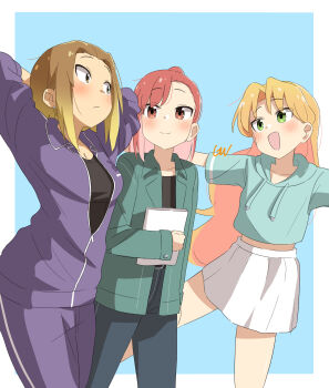 3girls absurdres arms_behind_head arms_up black_pants blonde_hair blue_background blush breasts brown_eyes brown_hair commentary drawstring earrings english_commentary gradient_hair green_eyes green_jacket highres hood hood_down hoodie jacket jewelry kasamaru_aoi long_hair long_sleeves looking_at_another ltv1119 medium_breasts mixed-language_commentary multicolored_hair multiple_girls orange_hair outstretched_arms pants pink_hair ponytail purple_jacket purple_pants red_eyes red_hair ruri_no_houseki seto_shouko shirt short_sleeves simple_background smile spread_arms stud_earrings tanigawa_ruri very_long_hair white_shirt