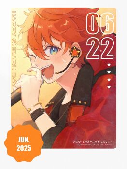 1boy akehoshi_subaru black_shirt blue_eyes bracelet dated ensemble_stars! hair_between_eyes happy_birthday highres jacket jewelry long_sleeves looking_at_viewer male_focus microphone necklace one_eye_closed open_clothes open_jacket open_mouth orange_hair red_jacket shirt short_hair smile solo teeth tongue upper_body zii72u
