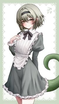 apron arm_behind_back black_bow black_souls black_souls_2 blush bow character_request commentary english_commentary frilled_skirt frilled_sleeves frills green_eyes green_hair green_tail green_theme hand_on_own_chest highres maid maid_apron maid_headdress simple_background skirt smile tail trap