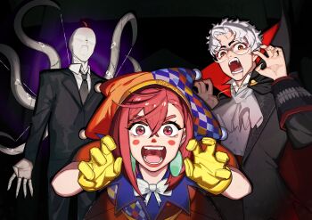 Rule 34 | 1girl, 2boys, absurdres, ayase momo, black background, black cape, black jacket, black necktie, bow, bowtie, brown hair, cape, claw pose, clown, clown makeup, collared shirt, commentary, cosplay, cowboy shot, creepypasta, crossed bangs, dandadan, earrings, enjoji jin, fangs, glasses, gloves, hair between eyes, halloween, halloween costume, hat, highres, jacket, jewelry, leaning forward, looking at viewer, multicolored hat, multicolored shirt, multiple boys, necktie, open mouth, red cape, red hair, round eyewear, shirt, short hair, slender man, slender man (cosplay), straight-on, suit jacket, takakura ken (dandadan), tentacles, two-sided cape, two-sided fabric, upper body, vampire, vampire costume, white bow, white bowtie, white hair, white shirt, yellow gloves, yuqi non