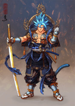1boy abs alternate_costume armor artist_name collarbone dragon_ball dragon_ball_super earrings facial_tattoo facing_viewer floral_print full_body gloves golden_sword hagoromo haidate hair_between_eyes halo holding holding_sword holding_weapon japanese_armor japanese_clothes jewelry kenji893 kote kusazuri looking_at_viewer male_focus monkey_tail muscular muscular_male pants pants_tucked_in pectorals planted planted_sword planted_weapon potara_earrings saiyan samurai sash shawl sheath sheathed shoulder_armor smile sode solo son_goku spiked_hair suneate super_saiyan super_saiyan_blue sword tabi tail tassel tattoo topknot topless_male vegeta vegetto waraji weapon white_gloves