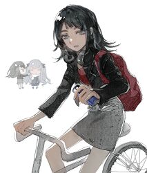 Rule 34 | 2girls, backpack, bag, bang dream!, bang dream! it&#039;s mygo!!!!!, bicycle, black hair, black jacket, black ribbon, blue eyes, blue hair, breath, can, closed eyes, commentary, grey skirt, hair ribbon, hashtag-only commentary, headphones, headphones around neck, highres, holding, holding can, jacket, long hair, long sleeves, looking at viewer, multiple girls, open clothes, open jacket, parted lips, red shirt, reiboubyou, ribbon, riding, riding bicycle, scarf, shirt, simple background, skirt, togawa sakiko, white background, white scarf, yahata umiri
