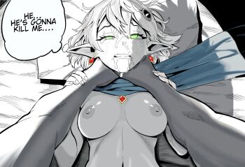 1girl 1other bdsm bed blue_scarf borrowed_character breasts clenched_teeth commentary commission cum cum_on_body earrings english_commentary english_text facial green_eyes greyscale hair_ornament highres holding_another's_wrist jewelry kunitoro_(artist) medium_breasts monochrome navel nipples nude original pillow pointy_ears raised_inner_eyebrows scarf speech_bubble spot_color strangling sweat tears teeth thought_bubble