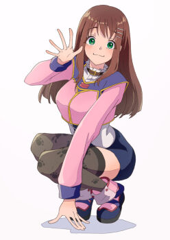 1girl black_thighhighs breasts brown_hair closed_mouth full_body green_eyes hair_ornament hairclip long_hair looking_at_viewer paw_print pencil_skirt print_thighhighs simple_background skirt smile solo sophia_esteed star_ocean star_ocean:_till_the_end_of_time thighhighs white_background yuiki_wakana