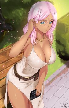 Rule 34 | 1girl, :o, absurdres, aqua eyes, bead necklace, beads, beige dress, belt, bench, breasts, brown belt, bush, castell, cleavage, collarbone, dark-skinned female, dark skin, dress, earrings, en'en no shouboutai, falling petals, floral print, flower-shaped pupils, grass, hand in own hair, hibana (enen no shouboutai), highres, holding, jewelry, large breasts, leaning forward, long hair, looking at viewer, nail polish, necklace, open mouth, park bench, petals, pink hair, pocketbook, print dress, red nails, side slit, solo, spaghetti strap, symbol-shaped pupils, tan, tree