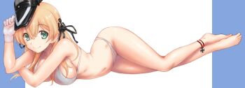 10s 1girl anchor_hair_ornament aqua_eyes barefoot bikini blonde_hair breasts cross female_focus full_body gloves hair_ornament hair_ribbon hat highres iron_cross kantai_collection large_breasts long_hair looking_at_viewer low_twintails lying navel peaked_cap prinz_eugen_(kancolle) ribbon simple_background smile solo string_bikini swimsuit twintails uguisu_kagura white_bikini white_gloves