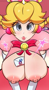 1girl blonde_hair blush breasts corpse earrings envelope faithdotexe grey_eyes highres jewelry knife large_breasts long_hair looking_at_viewer mario_(series) mario_kart mario_kart_8 nabbit new_super_mario_bros._u_deluxe nintendo nipples object_between_breasts peachette puffy_ribbon smile super_crown toadette