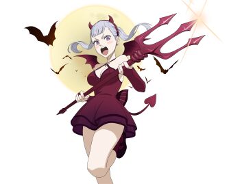 1girl absurdres bat_(animal) black_clover black_clover_m:_rise_of_the_wizard_king blush boots breasts demon_tail dress fake_horns full_moon grey_hair hairband halloween_costume highres holding holding_pitchfork horn_hairband horns large_breasts long_hair looking_at_viewer mini_wings moon noelle_silva non-web_source official_alternate_costume official_art open_mouth pink_eyes pitchfork red_boots red_dress red_hairband red_horns red_tail simple_background solo tail teeth transparent_background twintails upper_teeth_only wings