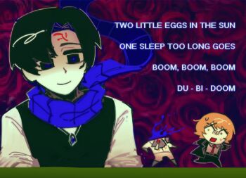 Rule 34 | 1girl, 2boys, ascot, black ascot, black eyes, black hair, black suit, black vest, blonde hair, blue scarf, chayre5792, chibi, collared shirt, commentary, demian (project moon), english commentary, english text, formal clothes, kromer (project moon), limbus company, multiple boys, project moon, scarf, shirt, short hair, sinclair (project moon), smile, suit, sweat, vest, white shirt