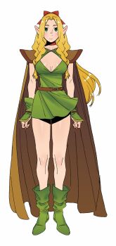 aatom87 armor belt boots braid brown_cloak choker cleavage_cutout cloak clothing_cutout dungeon_meshi dungeons_&amp;_dragons dungeons_&amp;_dragons:_chronicles_of_mystara elf green_eyes hair_ribbon highres long_hair looking_at_viewer lucia_(chronicles_of_mystara) marcille_donato pauldrons pointy_ears red_choker ribbon shoulder_armor smile tunic twin_braids vambraces white_background