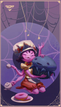 1girl absurdres alternate_costume animal_hands arm_at_side arthropod arthropod_girl arthropod_limbs baking bare_arms bare_shoulders beach bikini black_eyes black_hair black_sclera blunt_bangs blush bra braid breasts bug cheek_press cheek_squash chef chef_hat closed_eyes coat colored_sclera colored_skin crossed_arms cup cupcake donut extra_arms extra_eyes extra_pupils fangs fangs_out food full_body half-closed_eyes hands_up happy hat highres holding holding_cup hug hugging_object insect_girl juliet_sleeves kneeling laughing light_blush long_sleeves muffet muffet's_pet multiple_hair_ribbons one_eye_closed open_mouth outdoors own_hands_together pants partially_shaded_face puffy_cheeks puffy_sleeves purple_background purple_skin red_bikini red_bra red_pants red_ribbon ribbon ripples sand seiza shaded_face shadow shirt short_hair shorts silk sitting slip-on_shoes small_breasts smile solo spider spider_girl spider_web spider_web_background spider_web_pattern spread_fingers standing swimsuit teacup triangle undertale underwear utdr_(toby_fox) yellow_shirt zeker_art