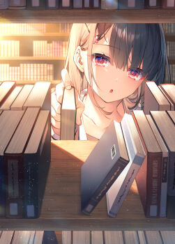 1girl black_hair bob_cut book bookshelf bookshelf_pov hair_ornament hairclip head_tilt highres holding holding_book library light_particles looking_at_viewer medium_hair original parted_lips red_eyes solo toosaka_asagi