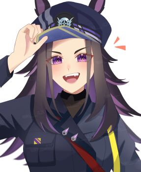 1girl animal_ears black_hair black_jacket black_shirt blush ears_through_headwear fenomeno_(black_flames_of_the_righteous_spirit)_(umamusume) fenomeno_(umamusume) hat highres horse_ears horse_girl horseshoe_hat_ornament horseshoe_ornament jacket long_hair long_sleeves looking_at_viewer multicolored_hair open_mouth peaked_cap purple_eyes purple_hair sharp_teeth shirt simple_background smile striped_hat teeth teio_420 umamusume upper_body upper_teeth_only white_background