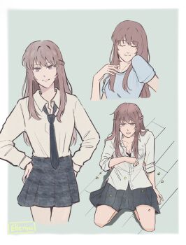 1girl black_bra black_skirt blue_shirt bra breasts cleavage closed_eyes collarbone collared_shirt hands_on_own_hips highres kneeling long_hair looking_at_viewer parted_lips partially_unbuttoned sendai_hazuki shirt shuuniichido_classmate_wo_kau_hanashi simple_background skirt smile teeth tomatosaradu underwear watermark white_shirt