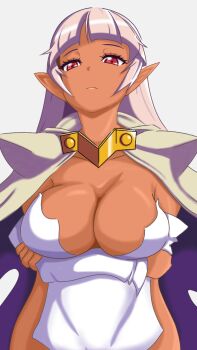 1girl aq_interactive arcana_heart arcana_heart_2 artist_request blunt_bangs breasts cape cleavage collarbone crossed_arms dark_skin detached_sleeves elf examu frown highres large_breasts long_hair long_sleeves looking_at_viewer parace_l&#039;sia pointy_ears purple_hair red_eyes staring very_long_hair