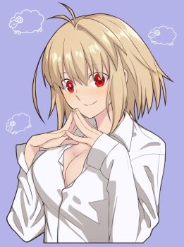 1girl arcueid_brunestud blonde_hair blue_background blush breasts cleavage hirakawa large_breasts red_eyes sheep shirt short_hair simple_background solo tsukihime upper_body white_shirt