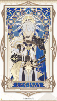 1boy antenna_hair armor belt black_belt black_choker black_shirt blue_cape cape card_(medium) chest_belt choker coat copyright_notice faceless faceless_male holding holding_sword holding_weapon honkai:_star_rail honkai_(series) male_focus neck_tattoo official_art phainon_(honkai:_star_rail) shirt short_hair shoulder_armor solo sun sun_symbol sun_tattoo sword tan tarot tarot_(medium) tattoo vambraces weapon white_coat white_hair
