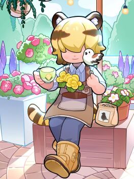 1boy animal animal_ear_fluff animal_ears animal_on_shoulder apron bird bird_on_shoulder bird_seed blanc_(heartopia) blonde_hair boots box brown_hair collared_shirt commentary cup english_commentary flower full_body greenhouse hair_over_eyes hanging_light hanging_plant heartopia highres holding holding_cup indoors light_smile male_focus multicolored_hair official_art on_box plant potted_plant shirt sitting sitting_on_box solo striped_tail tail tiger_boy tiger_ears tiger_tail two-tone_hair yellow_boots