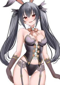 1girl absurdres animal_ears black_gloves bow bowtie breasts brown_bow brown_bowtie choujigen_game_neptune commentary english_commentary fake_animal_ears garter_straps gloves hair_between_eyes highres large_breasts looking_at_viewer neptune_(series) noire_(neptunia) open_mouth rabbit_ears red_eyes simple_background solo teeth twintails upper_teeth_only white_background xueli_shimazaki