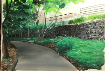 commentary fence grass harusa1107 hedge highres iron_fence no_humans original painting_(medium) park path railing road scenery shadow stone_wall sunlight symbol-only_commentary traditional_media tree