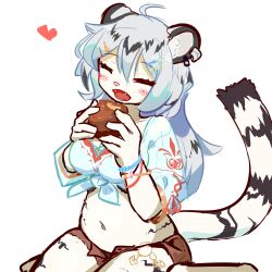 Rule 34 | 1girl, ahoge, animal ear piercing, animal ears, belly, bismuthoekaki, blush, breasts, brown shorts, cleavage, closed eyes, commentary request, crop top, earrings, fangs, food, full body, furry, furry female, grey hair, hair between eyes, hair ornament, hairclip, hannah (mahjong soul), heart, highres, holding, holding food, jewelry, large breasts, long bangs, long hair, mahjong soul, navel, open fly, open mouth, shirt, short sleeves, shorts, simple background, sitting, smile, snout, solo, tail, tiger ears, tiger girl, tiger tail, wariza, white background, white shirt