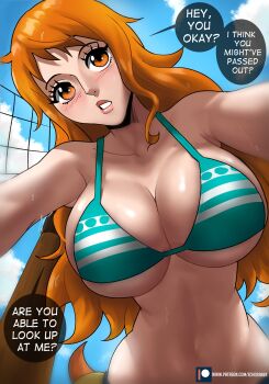 1girl absurdres bikini bikini_top_only blue_sky blush breasts cloud commentary curvy echo_saber english_commentary english_text eyelashes from_below green_bikini highres large_breasts lips long_hair looking_at_another looking_at_viewer nami_(one_piece) nami_(one_piece)_(return_to_sabaody) net one_piece orange_eyes orange_hair outdoors outstretched_arms parted_lips patreon_username sky solo speech_bubble stomach striped_bikini striped_clothes sweat swimsuit talking wide_hips