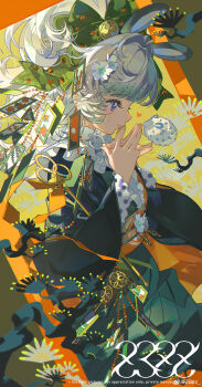 Rule 34 | 1girl, absurdres, animal ears, beads, blue eyes, blunt bangs, bow, closed mouth, english text, flower, frills, from side, hair bow, heart, highres, japanese clothes, kimono, long hair, long sleeves, multicolored hair, obi, original, own hands together, sash, smile, solo, steepled fingers, upper body, watermark, weibo watermark, wide sleeves, z3zz4