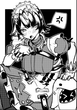 1girl absurdres anger_vein apron bangboo_(zenless_zone_zero) black_background border breasts commentary cowboy_shot dress ellen_joe frilled_wristband greyscale hairband highres large_breasts looking_at_viewer maid maid_apron maid_headdress metal_hairband mirui09 monochrome open_mouth outside_border parted_bangs shark_girl sharkboo_(zenless_zone_zero) short_hair short_sleeves solo_focus speech_bubble spiked_headband spoken_anger_vein unconventional_maid white_border zenless_zone_zero