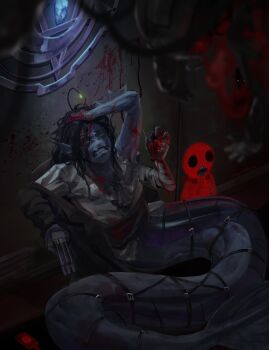 1boy 1other anglerfish_boy arm_fins bandaged_arm bandages black_hair black_jacket blood blood_on_hands blood_splatter blue_eyes blurry blurry_background cable catnip_cataria clenched_teeth depth_of_field dim_lighting empty_eyes fins full_body furrowed_brow gun hand_on_own_head head_fins highres holding holding_gun holding_weapon imaginary_friend_(pressure) indoors jacket male_focus messy_hair open_clothes open_jacket pressure_(roblox) sebastian_solace sharp_teeth shirt sidelocks sitting spotlight tail teeth weapon white_shirt worried