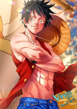 1boy abs bare_arms bare_shoulders black_eyes black_hair brown_hat closed_mouth commentary_request commission crossed_arms hat hogerarara looking_at_viewer male_focus monkey_d._luffy one_piece open_clothes open_vest red_vest scar scar_across_eye scar_on_face short_hair skeb_commission solo toned toned_male unworn_hat unworn_headwear vest