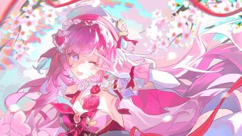 1girl absurdres commission diamond-shaped_pupils diamond_(shape) earrings elysia_(hi_love_elf)_(honkai_impact) elysia_(honkai_impact) flower gloves hair_flower hair_ornament hat highres honkai_(series) honkai_impact_3rd hutao_yingying jewelry long_hair multicolored_hair one_eye_closed outdoors pink_hair pointy_ears purple_eyes smile solo symbol-shaped_pupils two-tone_hair upper_body v white_hair white_hat