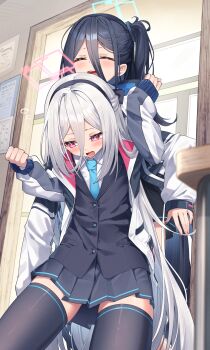 Rule 34 | 2girls, absurdres, aqua halo, aris (blue archive), black hair, black hairband, black shirt, black skirt, blue archive, blush, closed eyes, commentary, english commentary, grey hair, hair between eyes, hairband, halo, highres, indoors, jacket, kei (blue archive), kei (new body) (blue archive), long hair, maeru, multiple girls, one side up, open mouth, pink halo, red eyes, shirt, skirt, thighhighs, very long hair, white jacket, zettai ryouiki