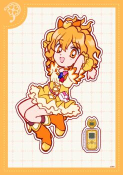 Rule 34 | 1girl, arms behind back, boots, border, bow, brooch, cellphone, clover, clover brooch, cross-laced clothes, cross-laced skirt, cure pine, dot nose, dotted line, earrings, eyelashes, floating hair, four-leaf clover, fresh precure!, frilled wrist cuffs, frills, full body, grey background, grid background, hair between eyes, hair bow, hair ornament, happy, heart, heart earrings, heart hair ornament, high-waist skirt, high heel boots, high heels, highres, jewelry, jumping, kneehighs, long hair, magical girl, miniskirt, one side up, open mouth, orange boots, orange border, orange bow, orange eyes, orange hair, outline, petticoat, phone, precure, puffy wrist cuffs, purple socks, ribbon-trimmed shirt, ribbon trim, shirt, short sleeves, signature, skirt, smile, socks, solo, tareme, uwded 207, waist bag, white bag, white outline, white shirt, wrist cuffs, yamabuki inori, yellow skirt, yellow wrist cuffs