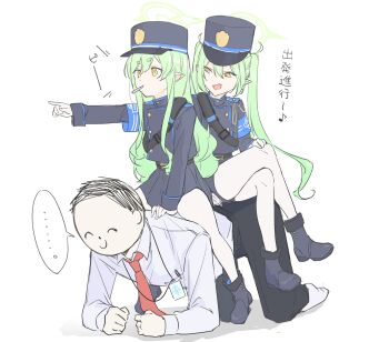 ... 1boy 2girls all_fours armband black_hat blowing_whistle blue_archive blue_armband buttons commentary_request doodle_sensei_(blue_archive) double-breasted full_body green_hair green_halo halo haru_15_hiko hat highres hikari_(blue_archive) id_card long_hair long_sleeves multiple_girls musical_note necktie nozomi_(blue_archive) pointing pointy_ears red_necktie sensei_(blue_archive) simple_background skirt smile spoken_ellipsis spoken_musical_note straddling translation_request twintails white_background yellow_eyes
