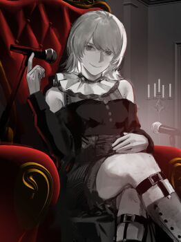 1girl absurdres ave_mujica_(bang_dream!) bang_dream! bang_dream!_it's_mygo!!!!! bare_shoulders black_shorts breasts candelabra candlestand chair closed_mouth commentary cosplay crossed_legs doloris_(bang_dream!) highres leg_belt medium_hair microphone misumi_uika misumi_uika_(cosplay) on_throne partially_colored sasaki_rico_(voice_actor) shorts sitting small_breasts smile solo solo_focus thighs throne untranslatable_commentary xinyi6239222644