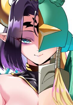 2girls angel_and_devil armor bare_shoulders bat_tattoo black_hair blue_eyes breasts cleavage closed_mouth contrast covered_eyes demon demon_girl demon_horns digimon digimon_(creature) dual_persona eyeshadow facial_mark fallen_angel forehead_mark forehead_tattoo gerusyu green_armor green_helmet hair_ornament helmet highres horns large_breasts lilithmon long_hair looking_at_viewer makeup multiple_girls ofanimon pointy_ears portrait purple_eyeshadow purple_lips short_hair smile split_theme symmetry tattoo upper_body winged_helmet