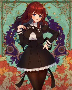 1girl absurdres akatanotaki assault_lily black_pantyhose black_skirt blue_eyes breasts brown_hair commentary_request flower hand_on_own_hip highres juliet_sleeves kaede_johan_nouvel large_breasts lily_(flower) long_hair long_sleeves looking_at_viewer open_mouth pantyhose puffy_sleeves school_uniform skirt solo sparkle standing