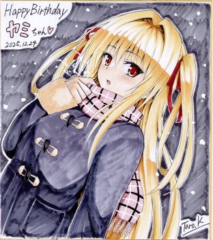 1girl blonde_hair blush coat hair_intakes happy_birthday highres konjiki_no_yami long_hair looking_at_viewer outdoors scarf snow solo taro_kasukabe to_love-ru twintails two_side_up upper_body